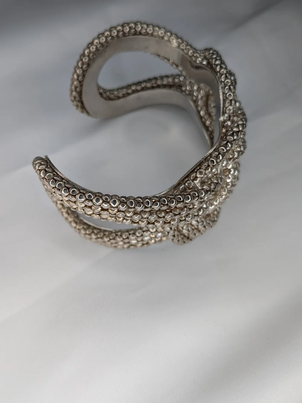 Silver Tone Woven Knot Flexible Cuff Bracelet Textured Caviar Bead Statement